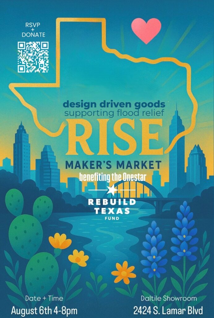 Promotional poster for RISE Maker's Market benefiting flood relief in Texas with a QR code and event details.
