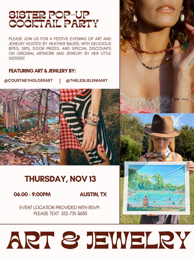 Promotional flyer for a Sister Pop-Up Cocktail Party featuring art and jewelry, with event details and images of art and jewelry.