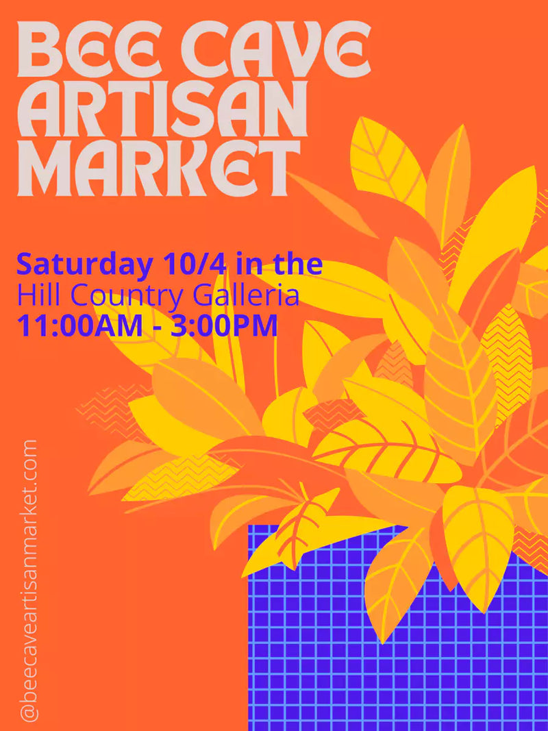 Promotional poster for Bee Cave Artisan Market with leaf design and event details.
