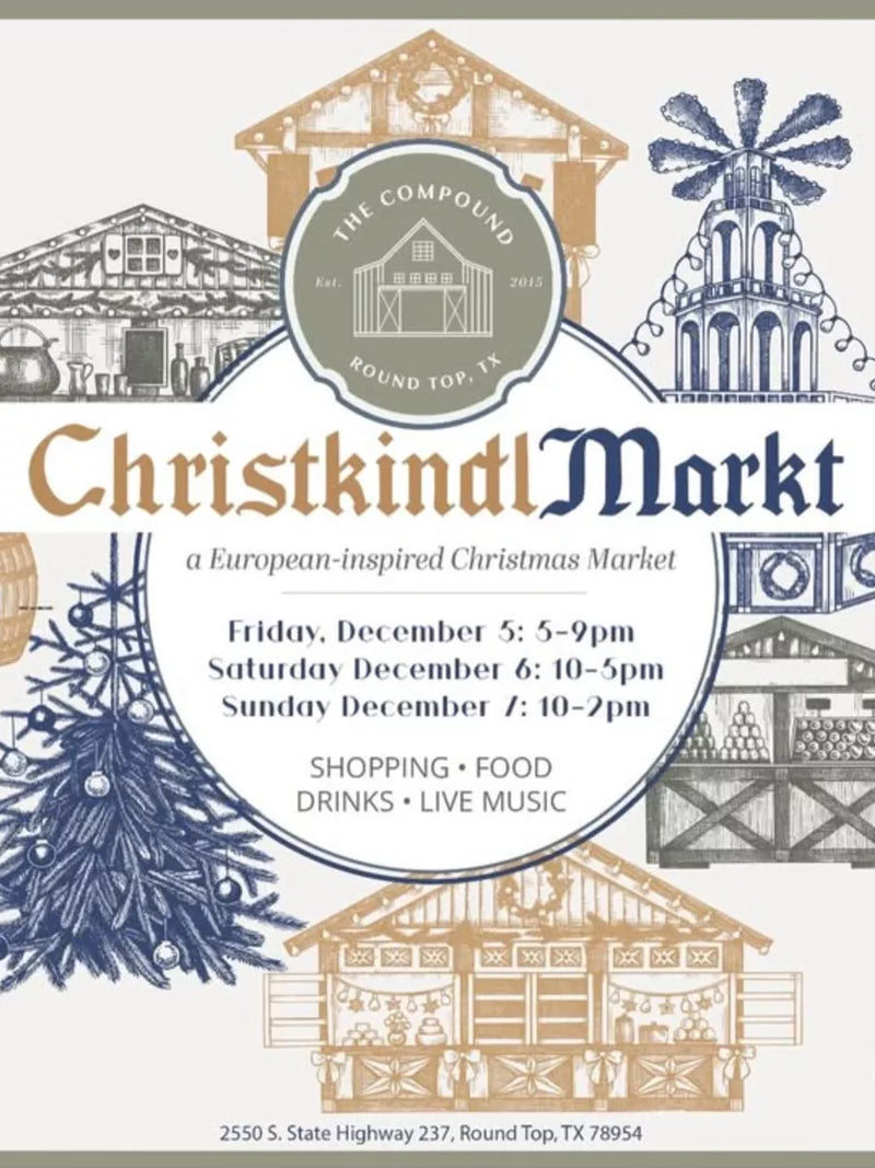 Advertisement for ChristkindlMarkt event with market illustrations and details.