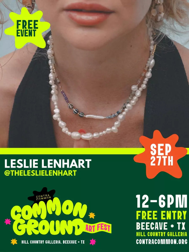 Promotional poster for Leslie Lenhart's event at Common Ground Art Fest with a close-up of a person wearing a necklace.