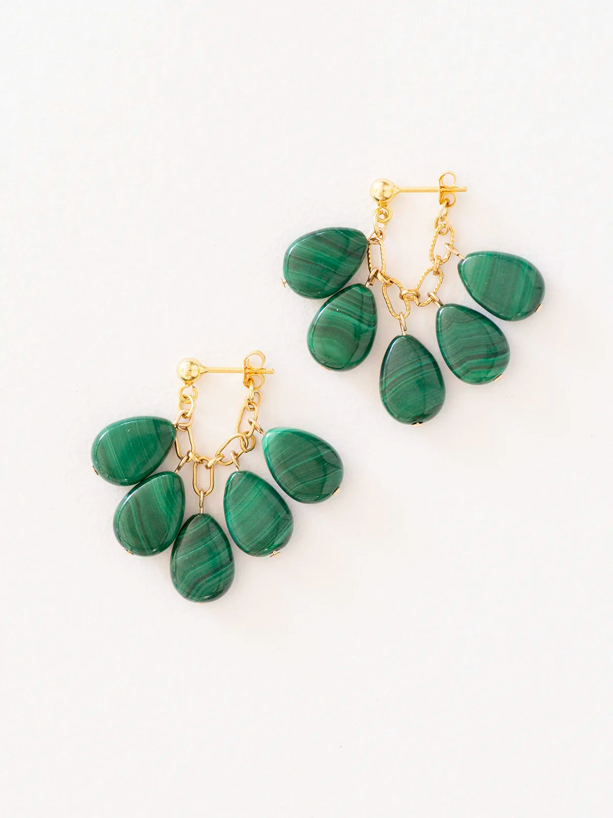 A pair of drop earrings featuring five green malachite stone beads, displayed on a clean white background.