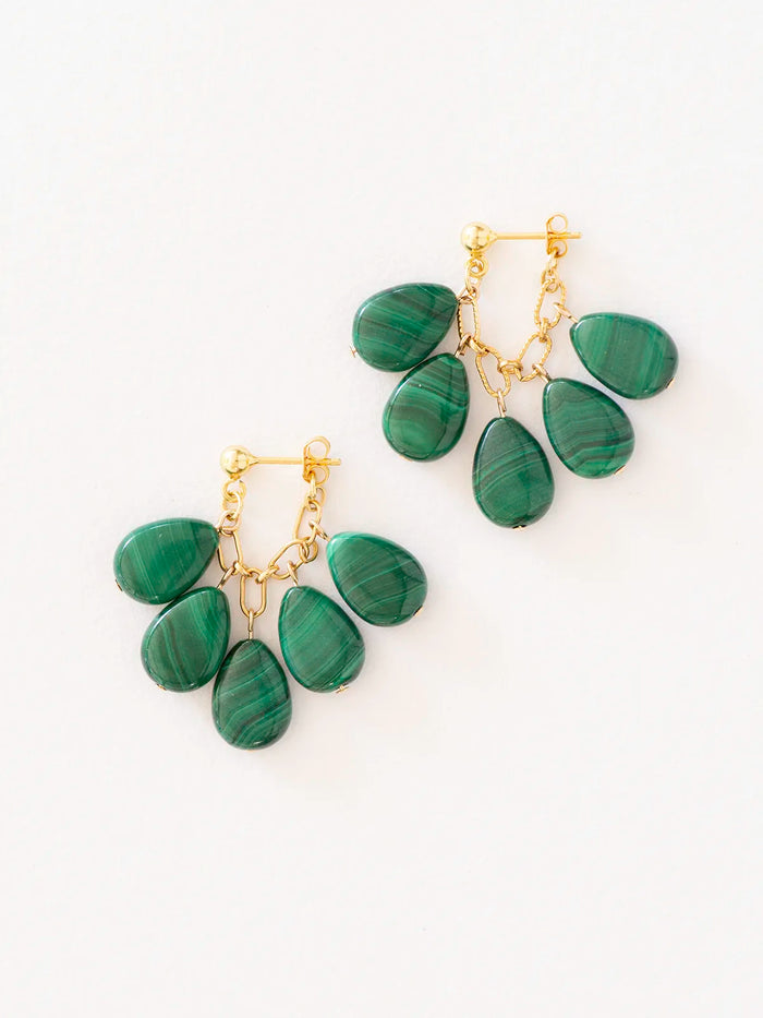 A pair of drop earrings featuring five green malachite stone beads, displayed on a clean white background.