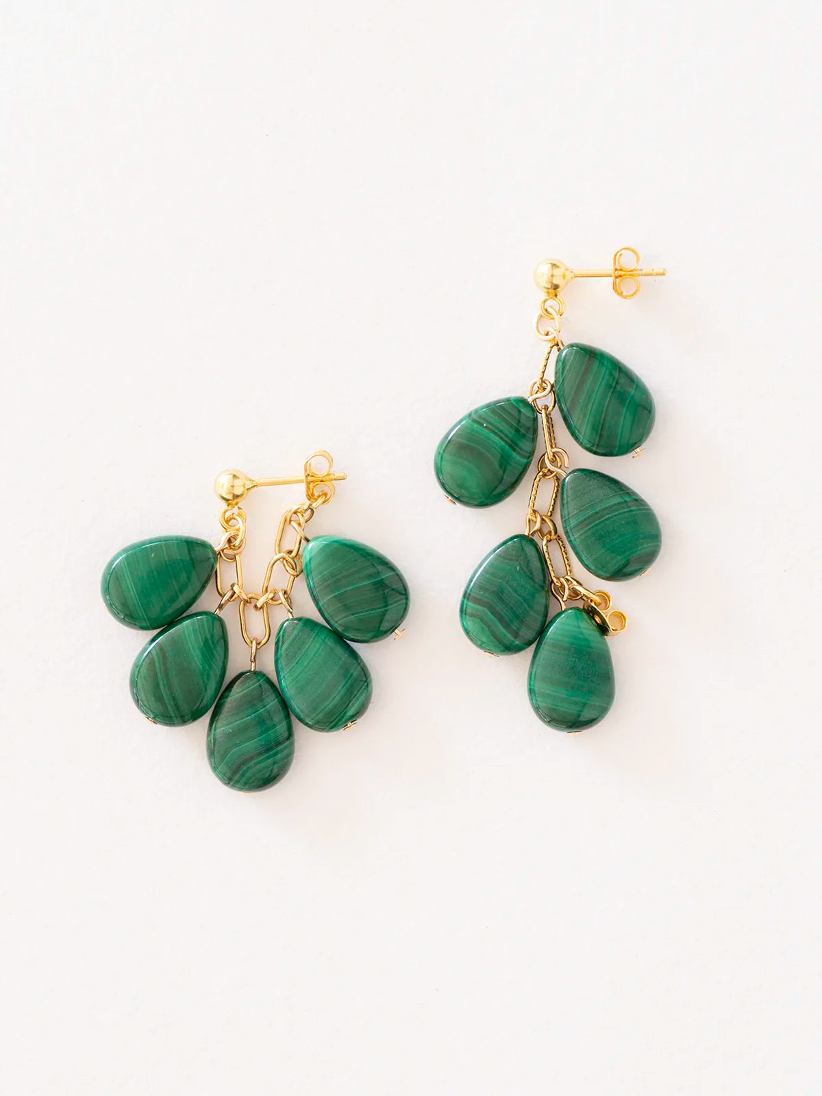 A pair of drop earrings featuring five green malachite stone beads, displayed on a clean white background.