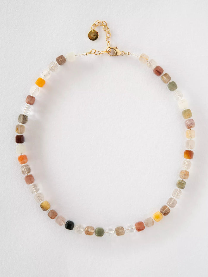 Necklace with multicolored beads on a white background