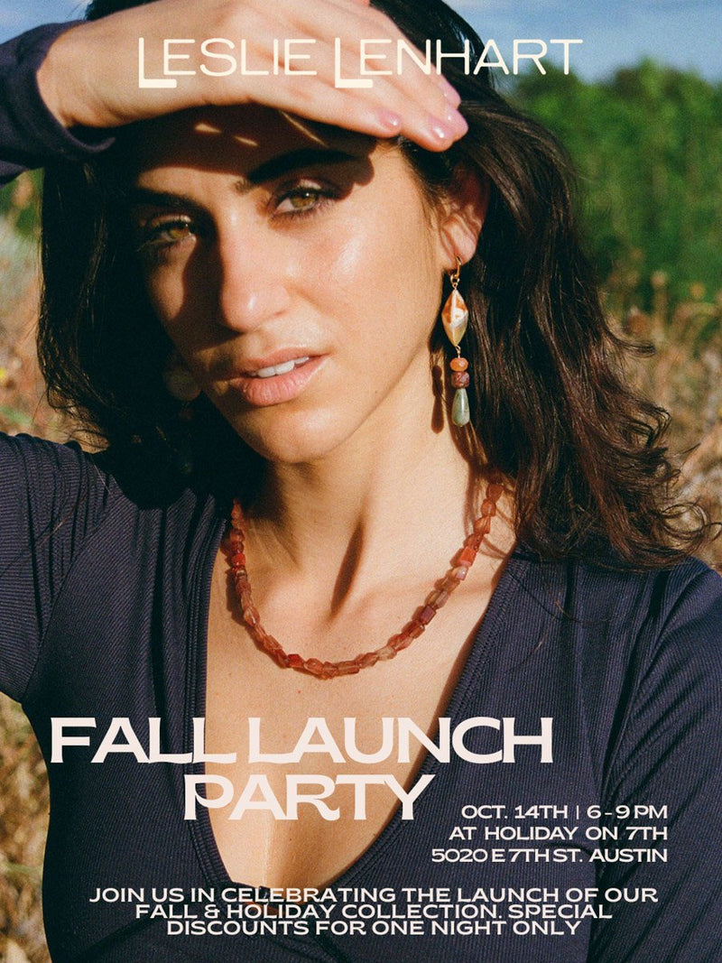 Promotional poster for a fall launch party featuring a woman with earrings and necklace.