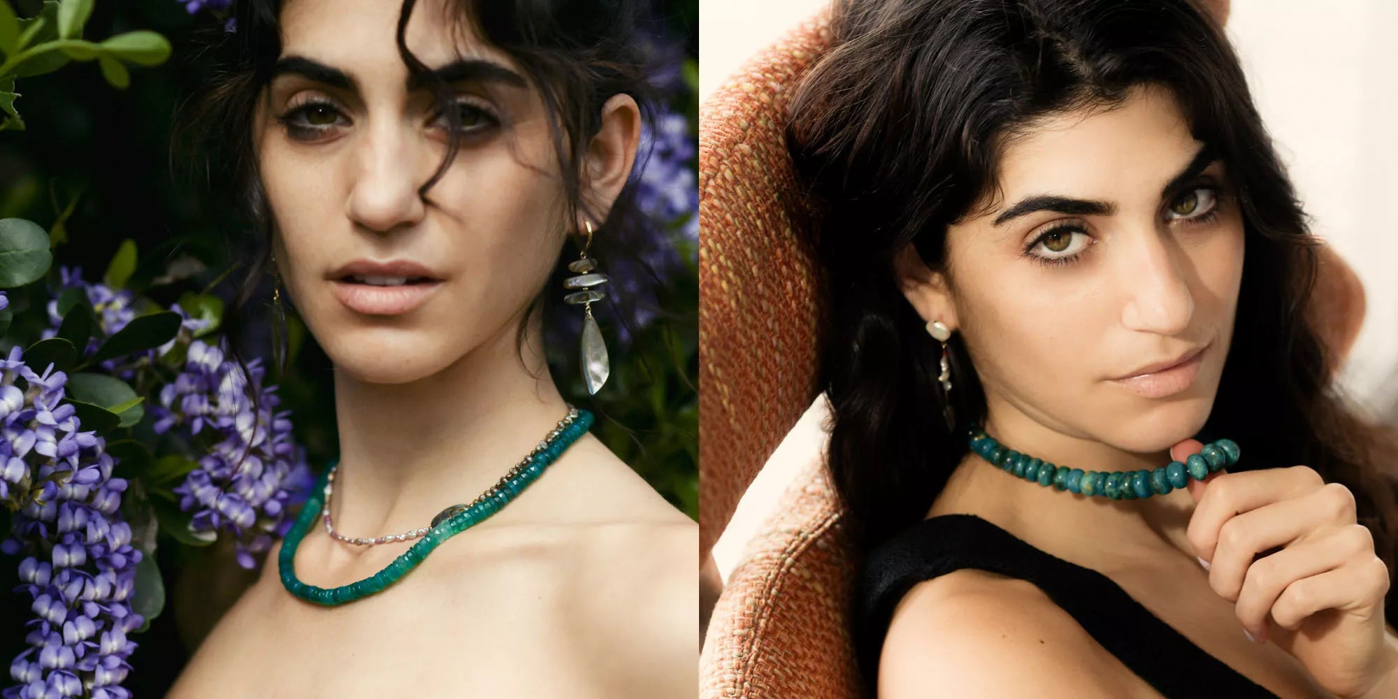 Side-by-side comparison of a woman wearing a green beaded necklace against a natural and neutral background.