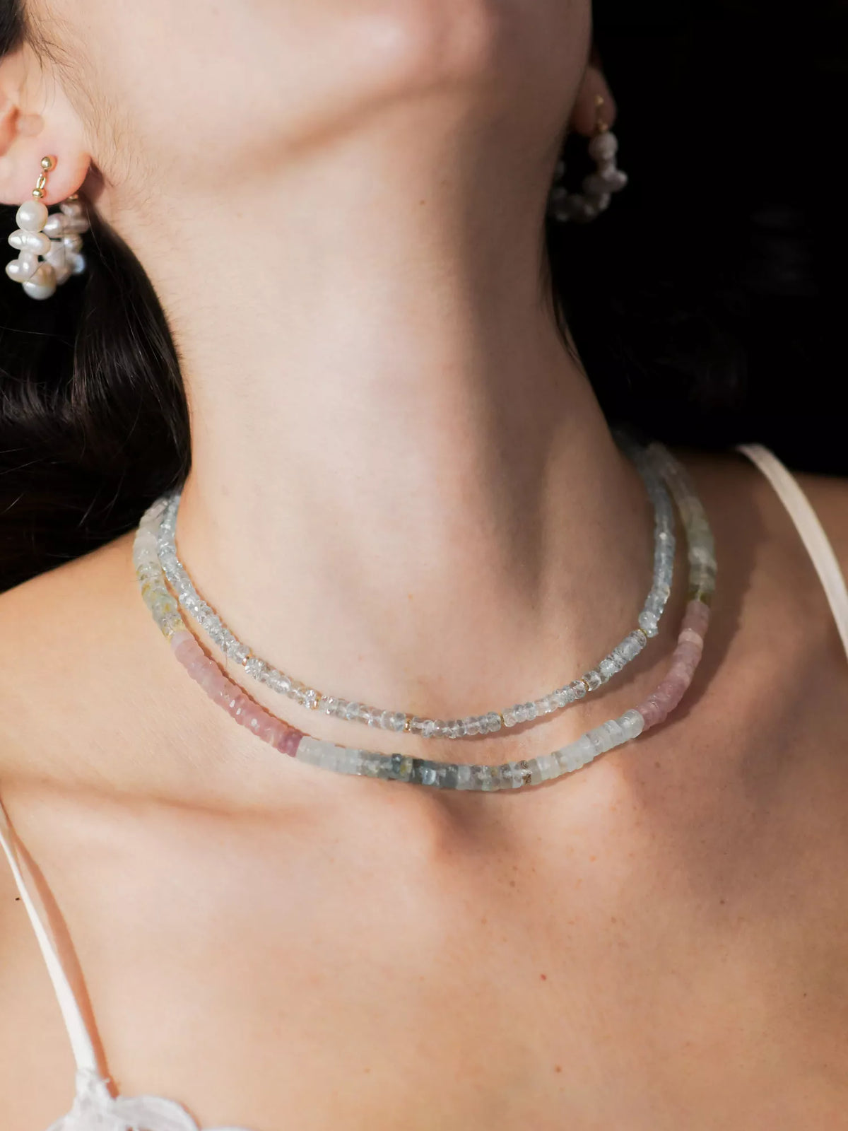 Gradient Aquamarine and Morganite Heishi Necklace