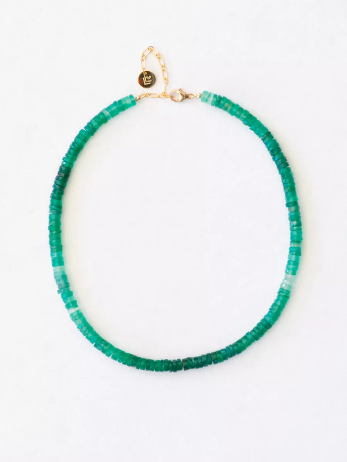 Green gradient chalcedony necklace on white background.
