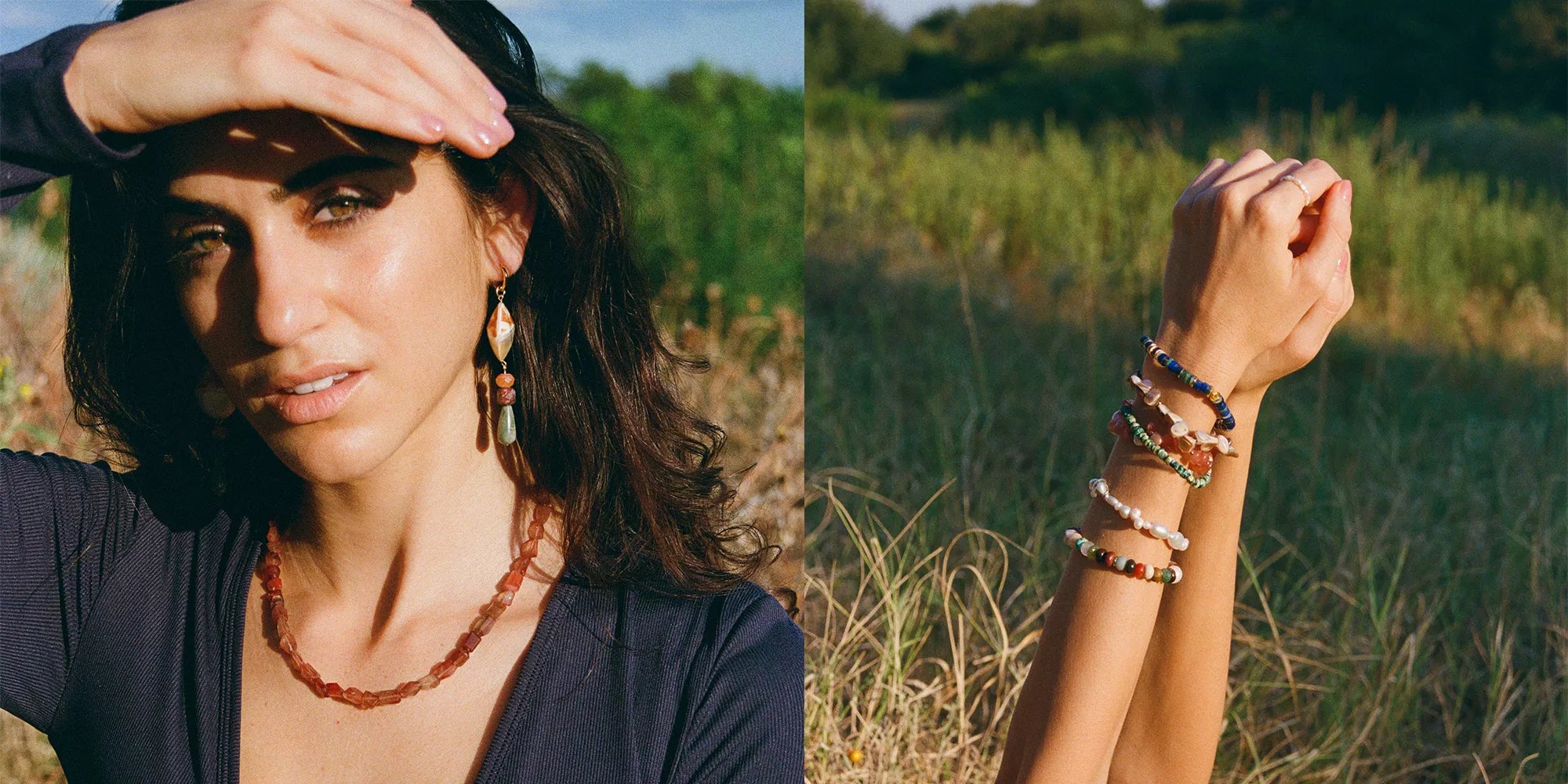 Woman in a field wearing a necklace and earrings, with a close-up of her hand wearing multiple bracelets.