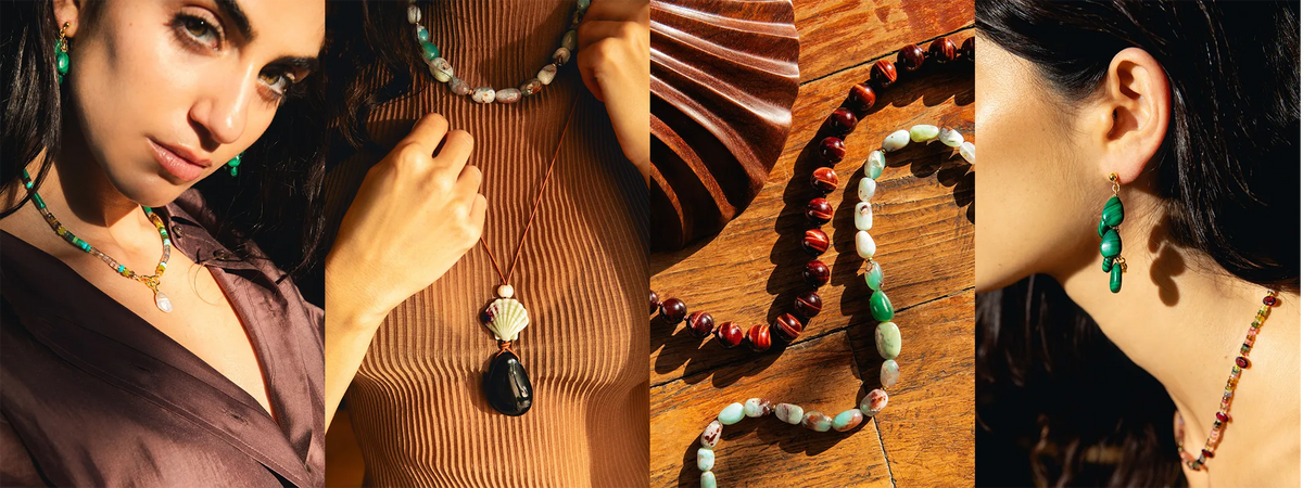A four-panel collage showcasing various jewelry pieces worn by a model and displayed on a wooden surface. The jewelry includes a beaded necklace with green and white beads, a black shell pendant necklace, a red and brown beaded necklace, and a green stone earring.