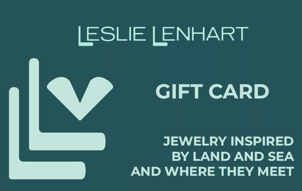 Leslie Lenhart gift card with jewelry design inspiration text on a teal background