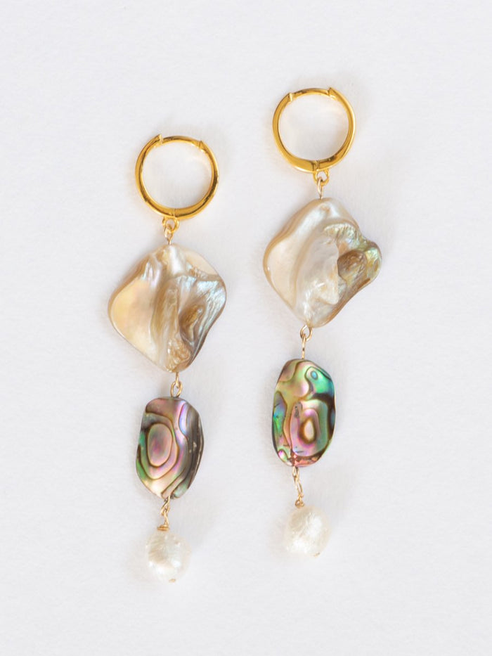Pair of drop earrings with mother of pearl, abalone shell, and freshwater pearl