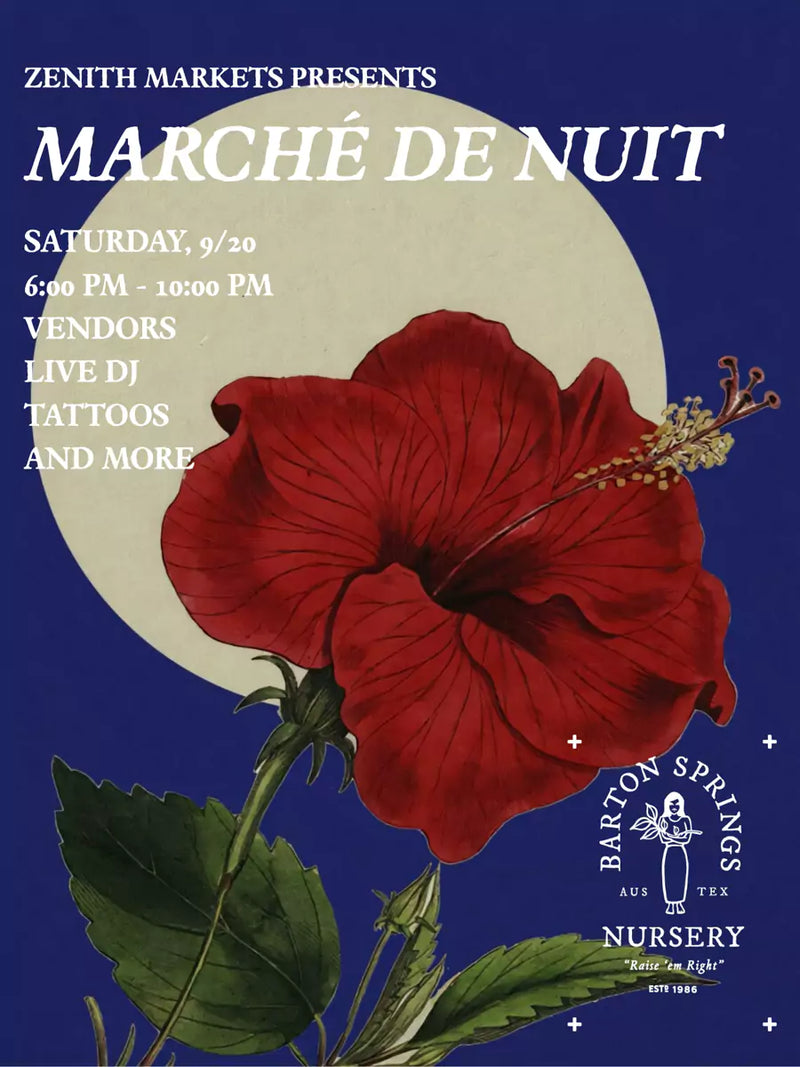 Promotional poster for Marché de Nuit event with a red flower on a blue background