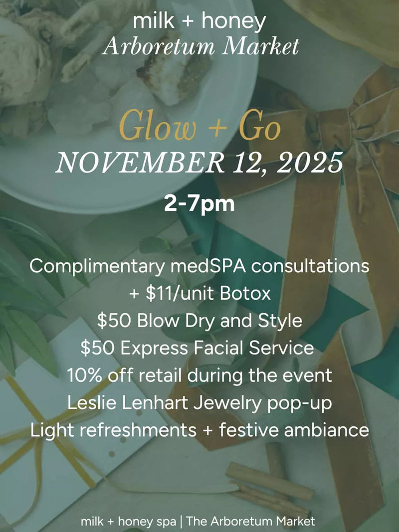 Promotional flyer for milk + honey Arboretum Market event with text and blurred background