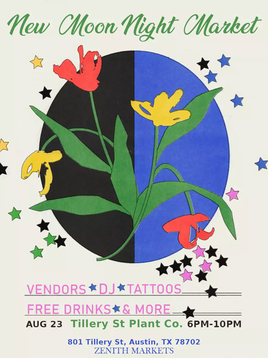 Promotional poster for New Moon Night Market with floral design and event details.