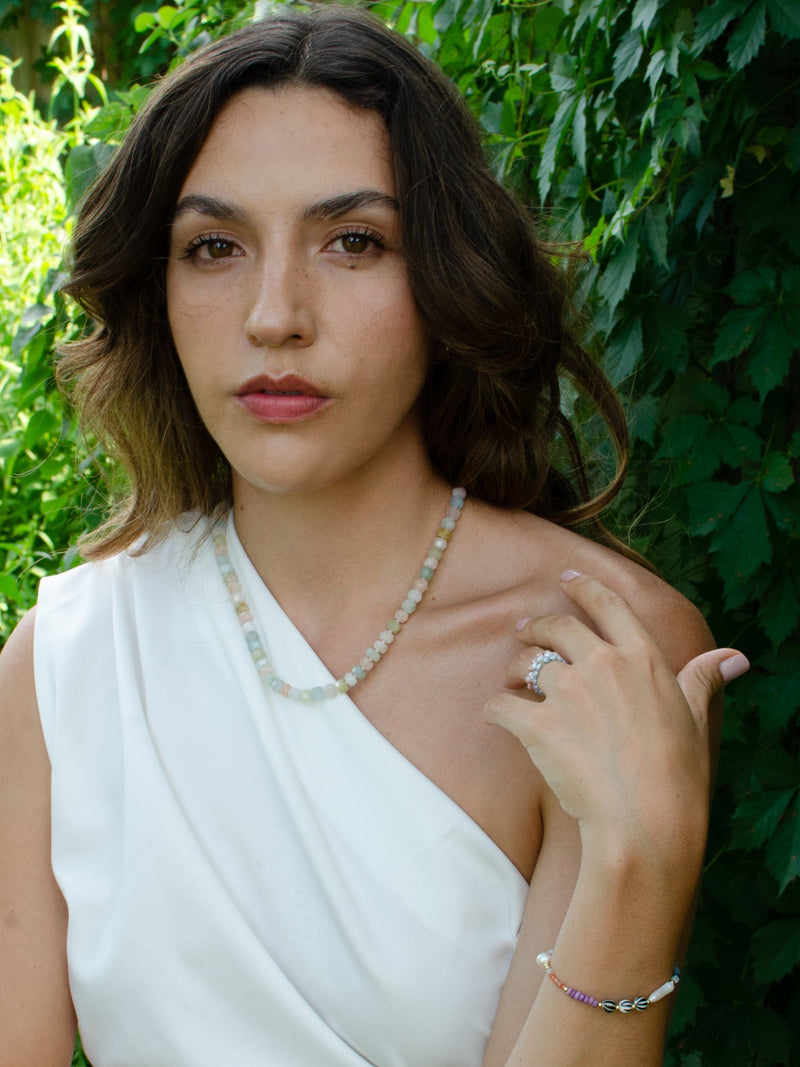Soft rock pastel beryl necklace on model