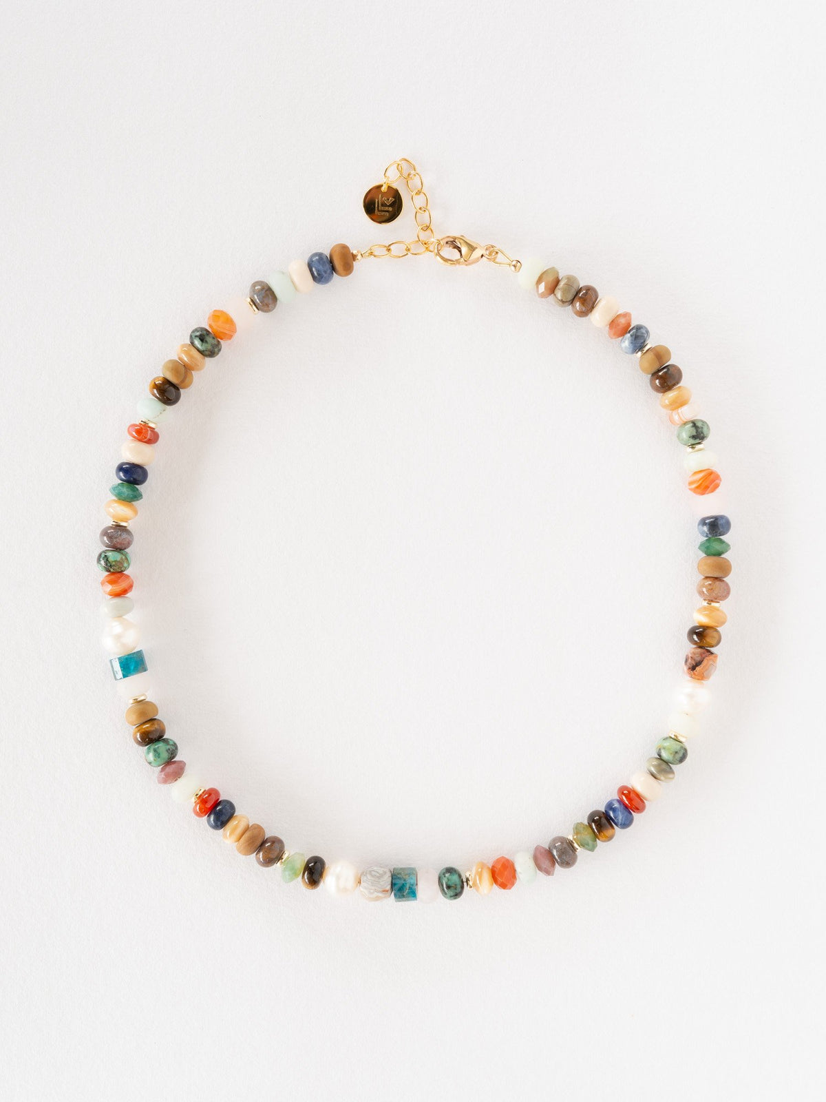 Necklace with multicolored beads on a white background