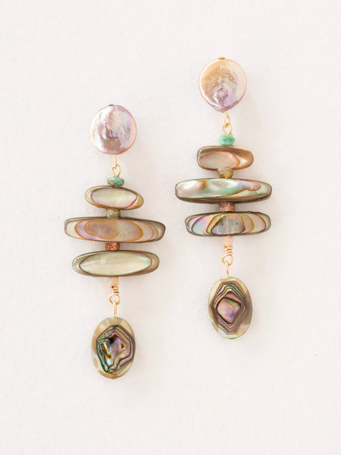 Pair of earrings with layered abalone shell design on a white background