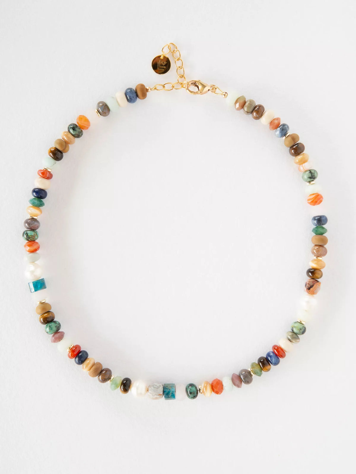 Multicolored beaded necklace on a white background
