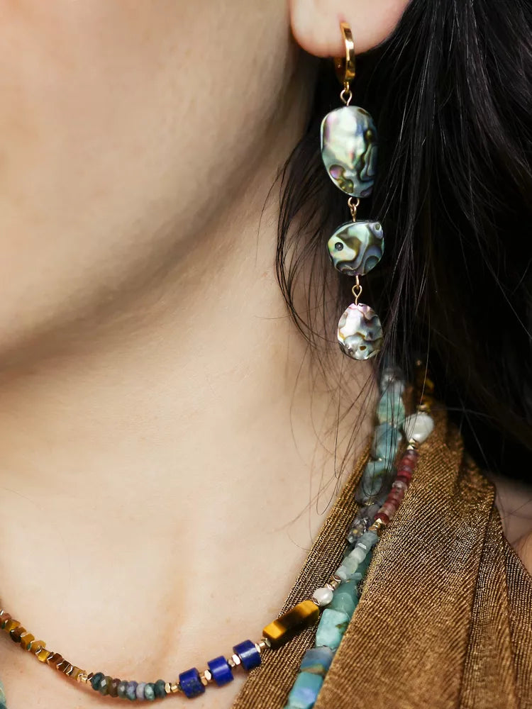 Close-up of a person wearing a pair of earrings with large, multicolored beads.