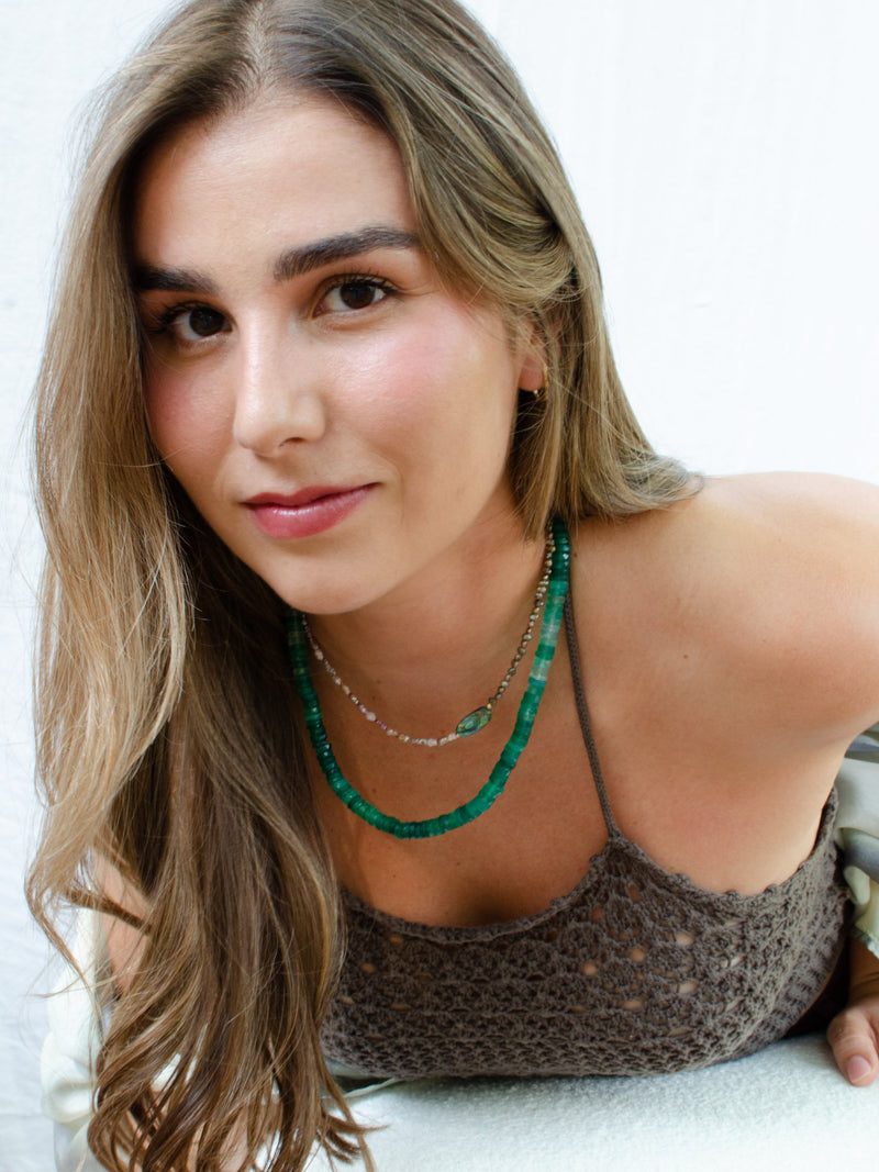 Model wearing viridis gradient chacedony necklace