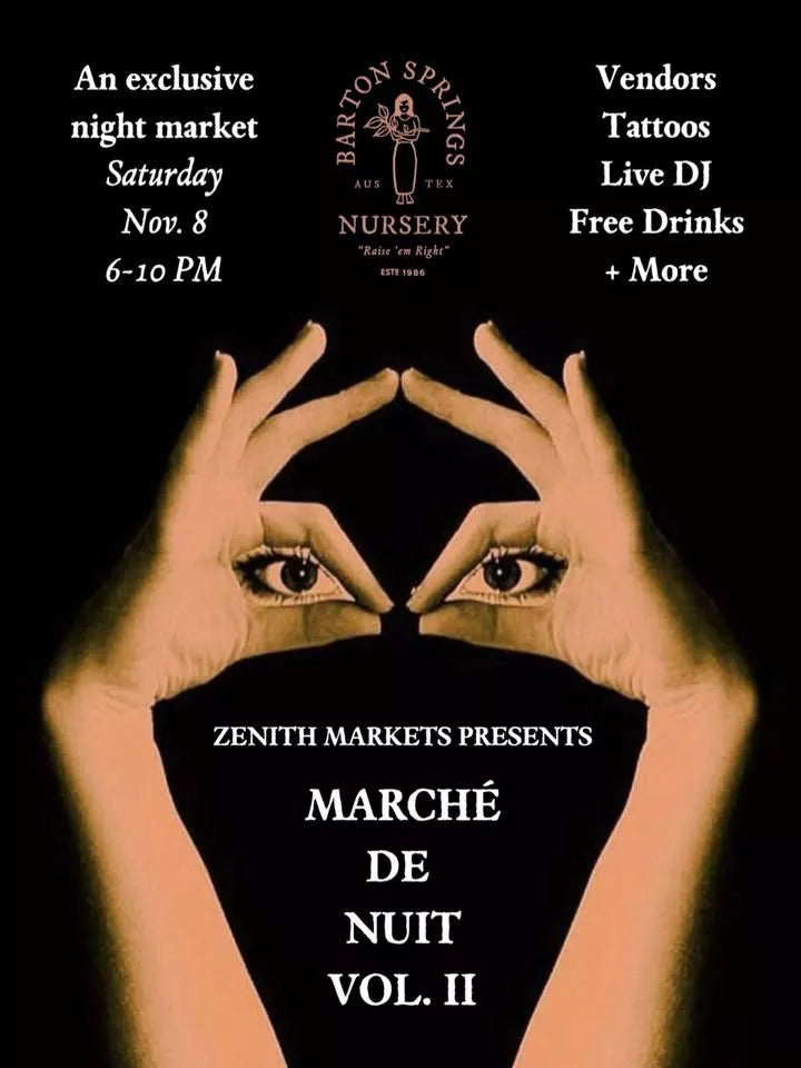 Promotional poster for Marché de Nuit Vol. II event with hands forming a mask over eyes.
